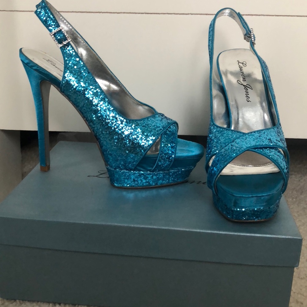 Blue glitter open toed heels